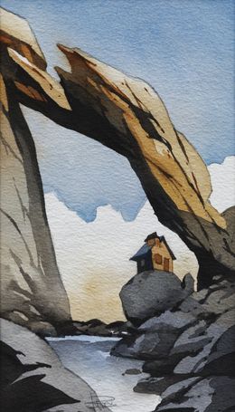 Gemälde, Sous l'arche - Maison isolée - série Paysage imaginaire figuratif, Franck Perrot