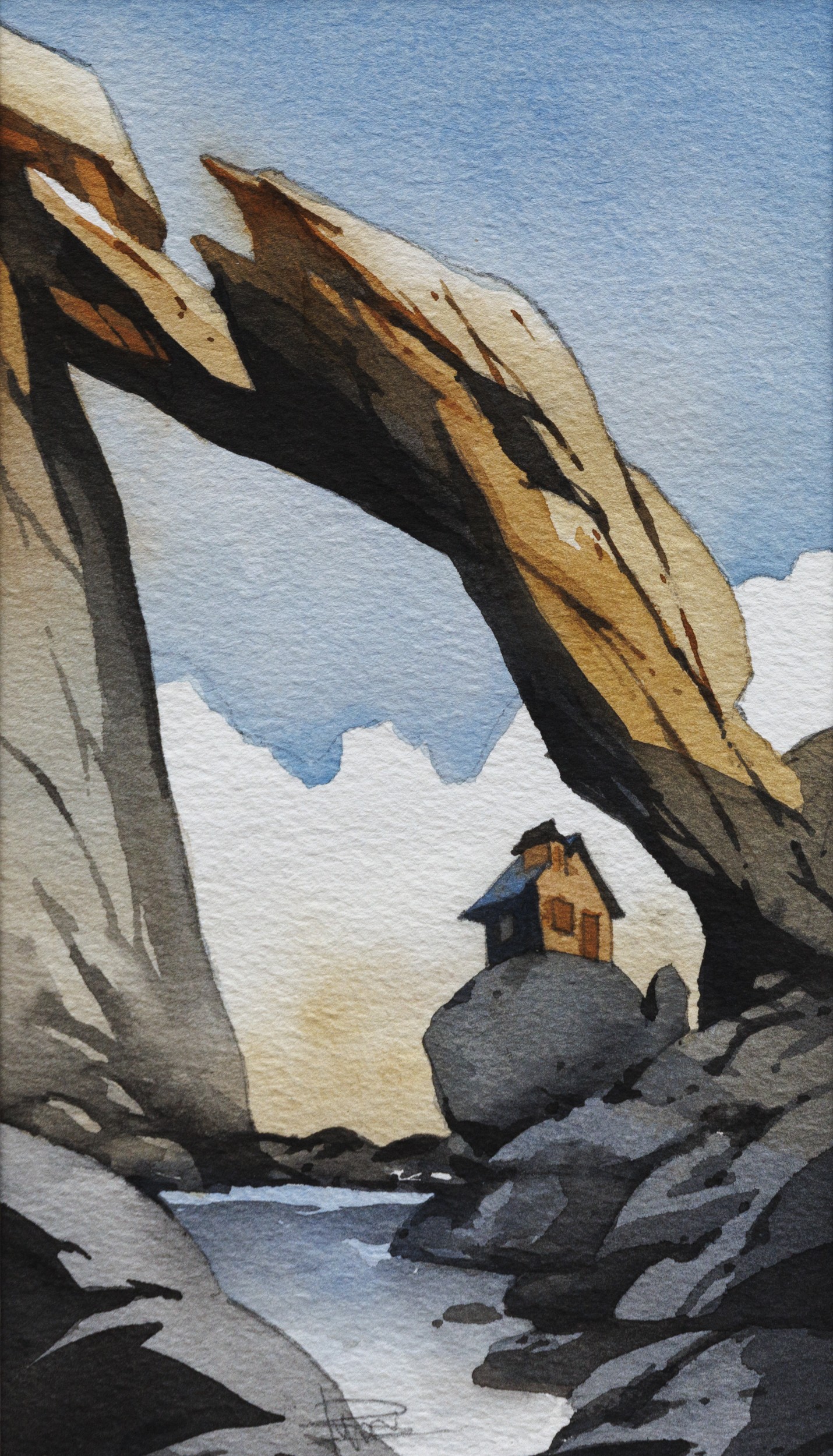 Franck Perrot, Sous l'arche - Maison isolée - série Paysage imaginaire figuratif Franck Perrot, Sous l'arche - Maison isolée - série Paysage imaginaire figuratif