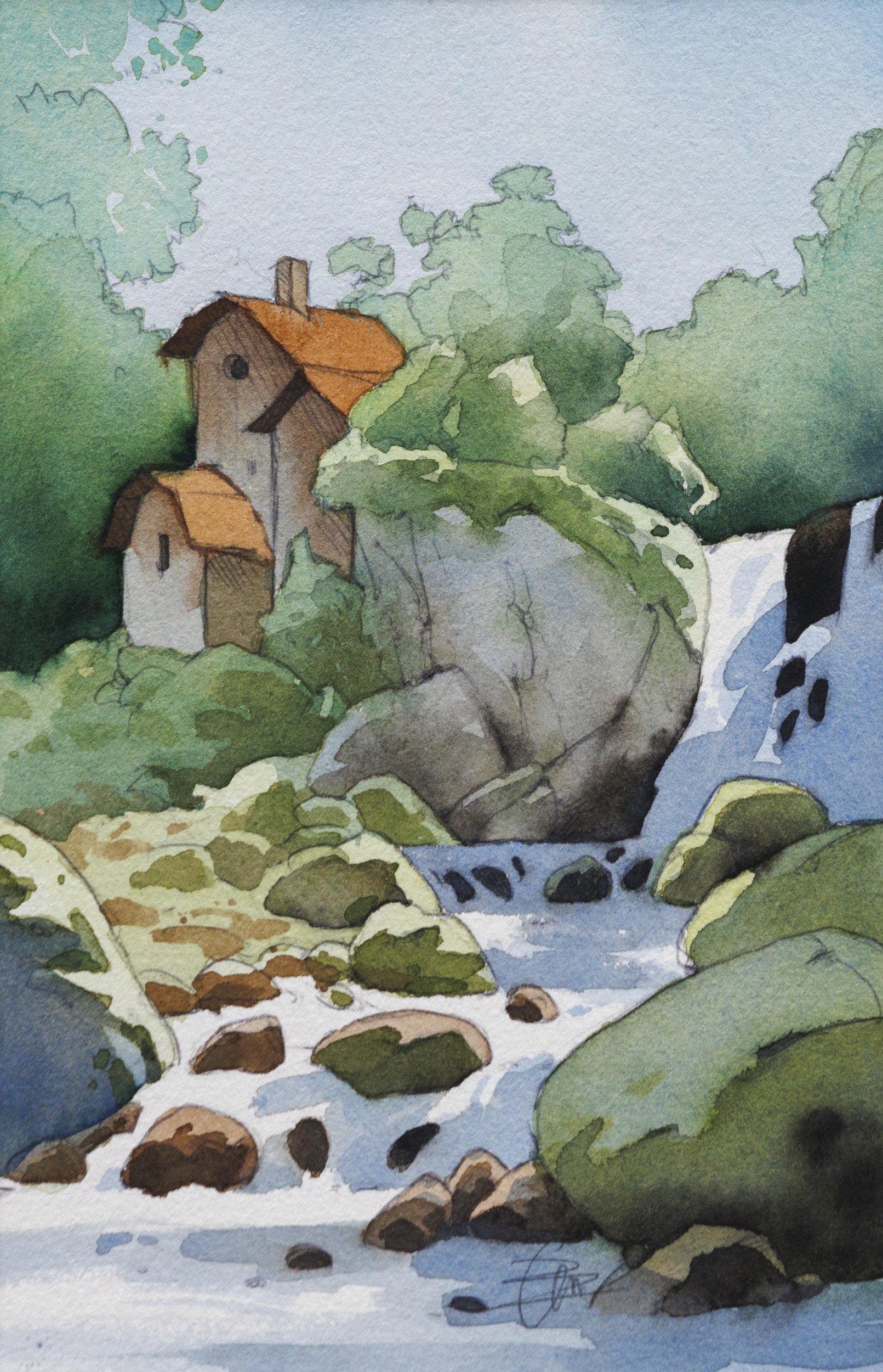 Franck Perrot, Plantes et gouttes d'eau - maison isolée - série Paysage imaginaire figuratif Franck Perrot, Plantes et gouttes d'eau - maison isolée - série Paysage imaginaire figuratif