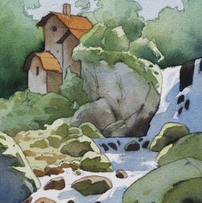 Painting, Plantes et gouttes d'eau - maison isolée - série Paysage imaginaire figuratif, Franck Perrot