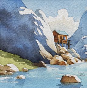 Gemälde, Bouquet de pierres - Maison perchée - série Paysage imaginaire figuratif, Franck Perrot