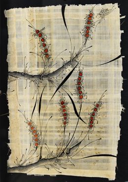 Gemälde, Monde végétal et minéral à l'encre de chine sur papyrus, Jérôme Lille