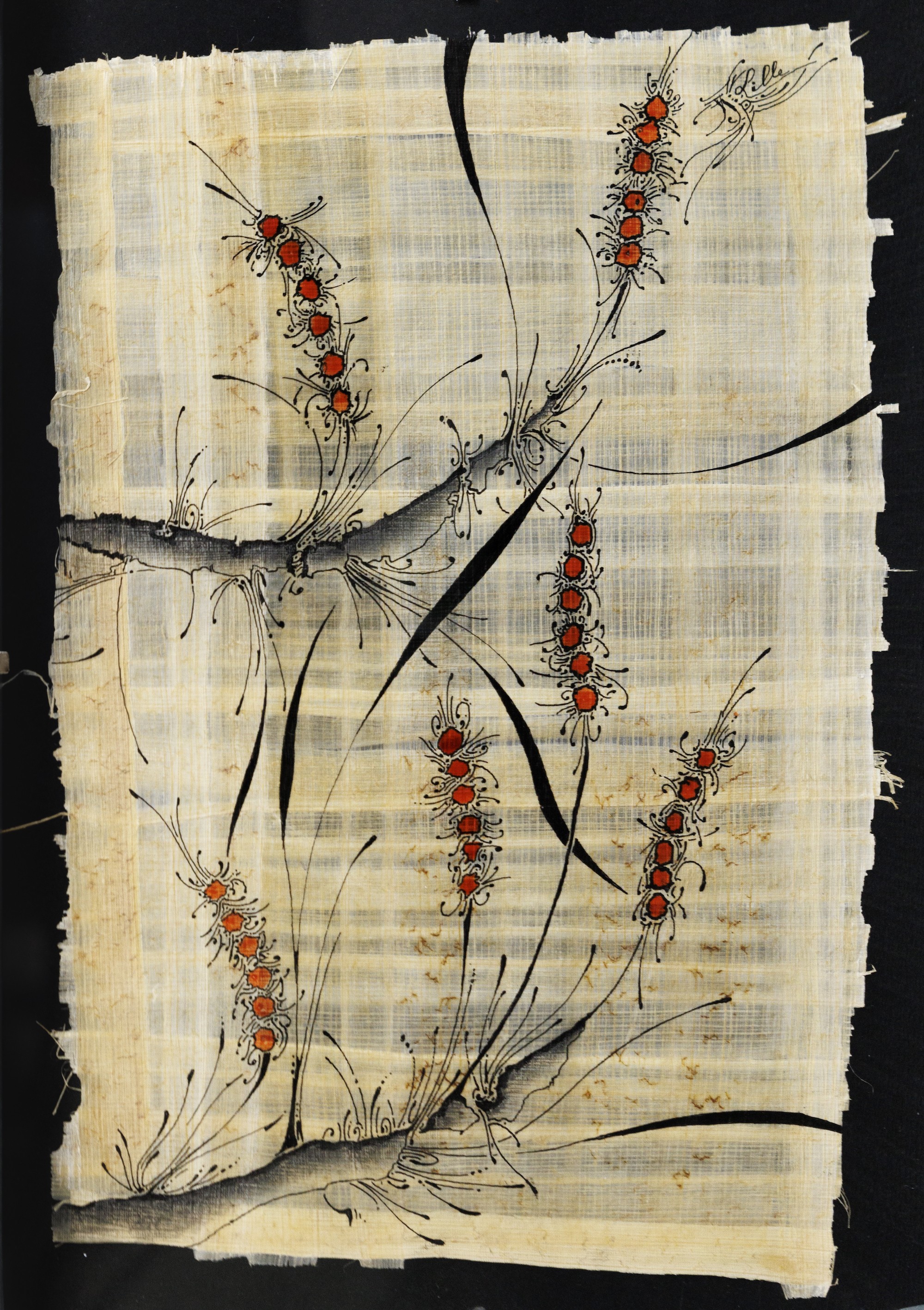 Jérôme Lille, Monde végétal et minéral à l'encre de chine sur papyrus Jérôme Lille, Monde végétal et minéral à l'encre de chine sur papyrus