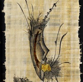 Painting, Monde végétal et minéral à l'encre de chine sur papyrus, Jérôme Lille