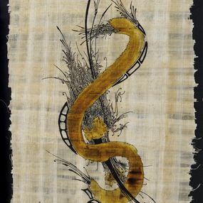 Painting, Monde végétal et minéral à l'encre de chine sur papyrus, Jérôme Lille