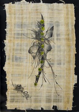 Gemälde, Monde végétal et minéral à l'encre de chine sur papyrus, Jérôme Lille