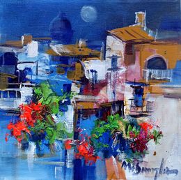 Peinture, Full moon on the village - Amalfitan Coast painting, Mario Smeraglia
