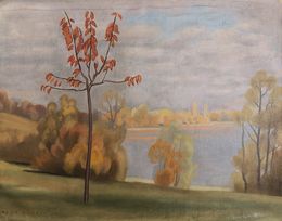 Gemälde, Paysage d'automne et vue sur le lac, René Martin