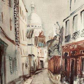 Fine Art Drawings, Rue Norvin vue sur la Basilique du Sacré Coeur, Montmartre, Luigi Corbellini