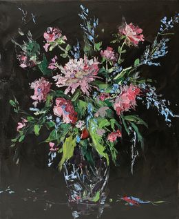 Peinture, Abstract Tender flowers in a vase on black, Schagen Vita