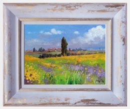 Gemälde, Countryside with yellow flowers - Tuscany landscape painting, Andrea Borella