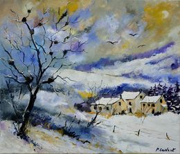 Painting, Three lonely Houses in the snow, Pol Ledent