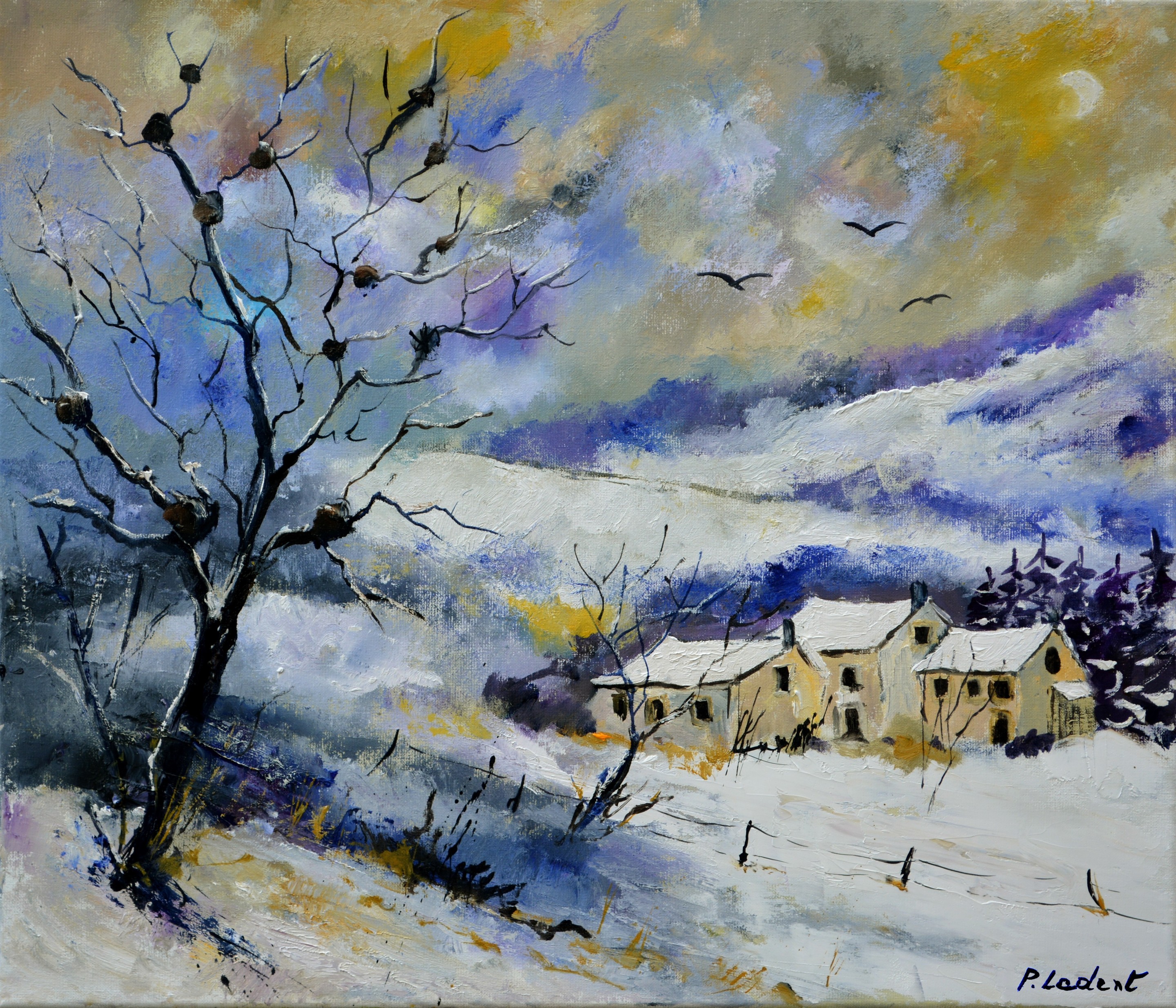 Pol Ledent, Three lonely Houses in the snow Pol Ledent, Three lonely Houses in the snow
