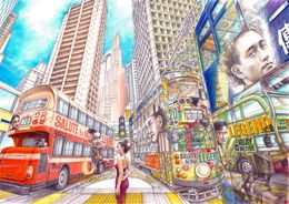 Painting, Interchange of time and space - Meeting of Leslie buses and tram at central, Jimmy Yuen