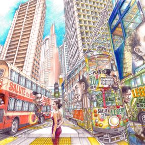 Painting, Interchange of time and space - Meeting of Leslie buses and tram at central, Jimmy Yuen