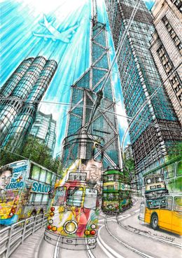 Painting, Interchange of time and space - meeting of leslie buses and tram at central, Jimmy Yuen