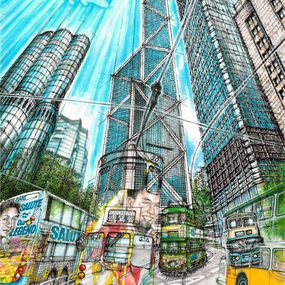 Painting, Interchange of time and space - meeting of leslie buses and tram at central, Jimmy Yuen