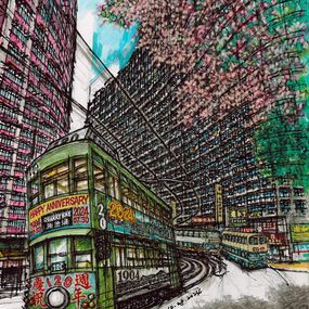 Painting, Interchange of time and space / monster building x iconic tram and buses, Jimmy Yuen