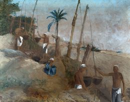 Painting, Hommes puisant de l'eau dans des oasis, Spilioti