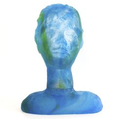 Sculpture, Tête Bleu Vert - Portrait singulier pâte de verre, Gilles Vadel