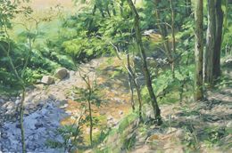 Painting, The two rocks, banks of the Sumène, Anne Baudequin