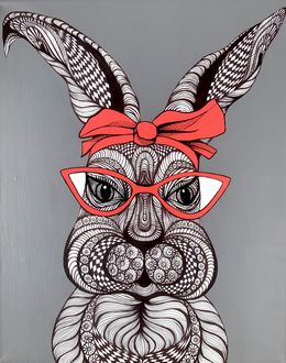 Painting, Rabbit with red bow, Maria Tuzhilkina