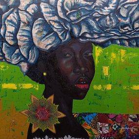 Peinture, Crowning Essence - 21st Century Mixed Media with Oil and African Women Fabrics, Bakare Abubakri-sideeq Babatunde