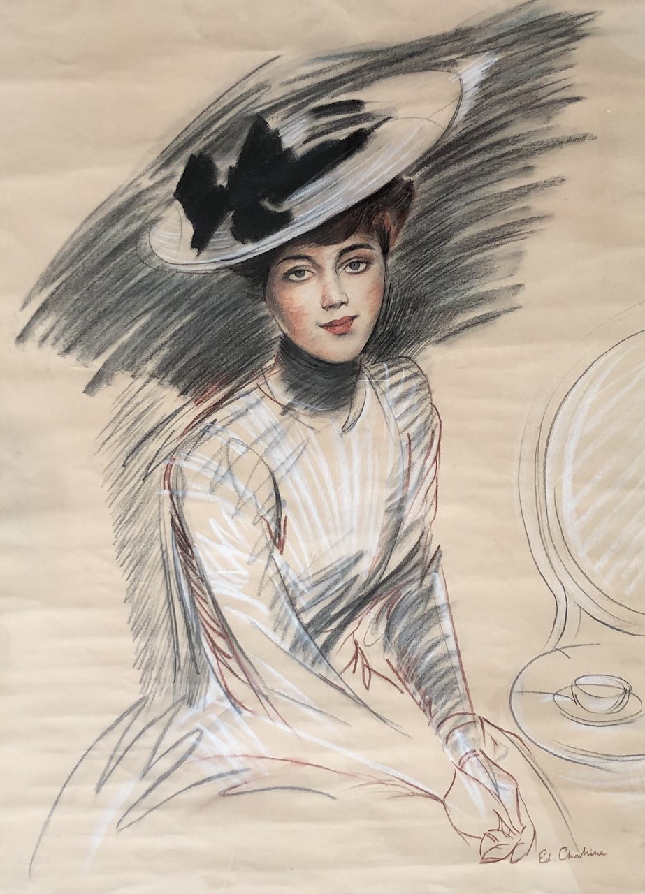 Edgar Chahine, Jeune élégante au chapeau 1900, Art Nouveau, Belle époque Edgar Chahine, Jeune élégante au chapeau 1900, Art Nouveau, Belle époque