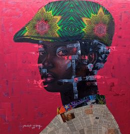 Painting, Eternal Poise - 21st Century Mixed Media with Oil and African Fabrics, Fashion, Bakare Abubakri-sideeq Babatunde