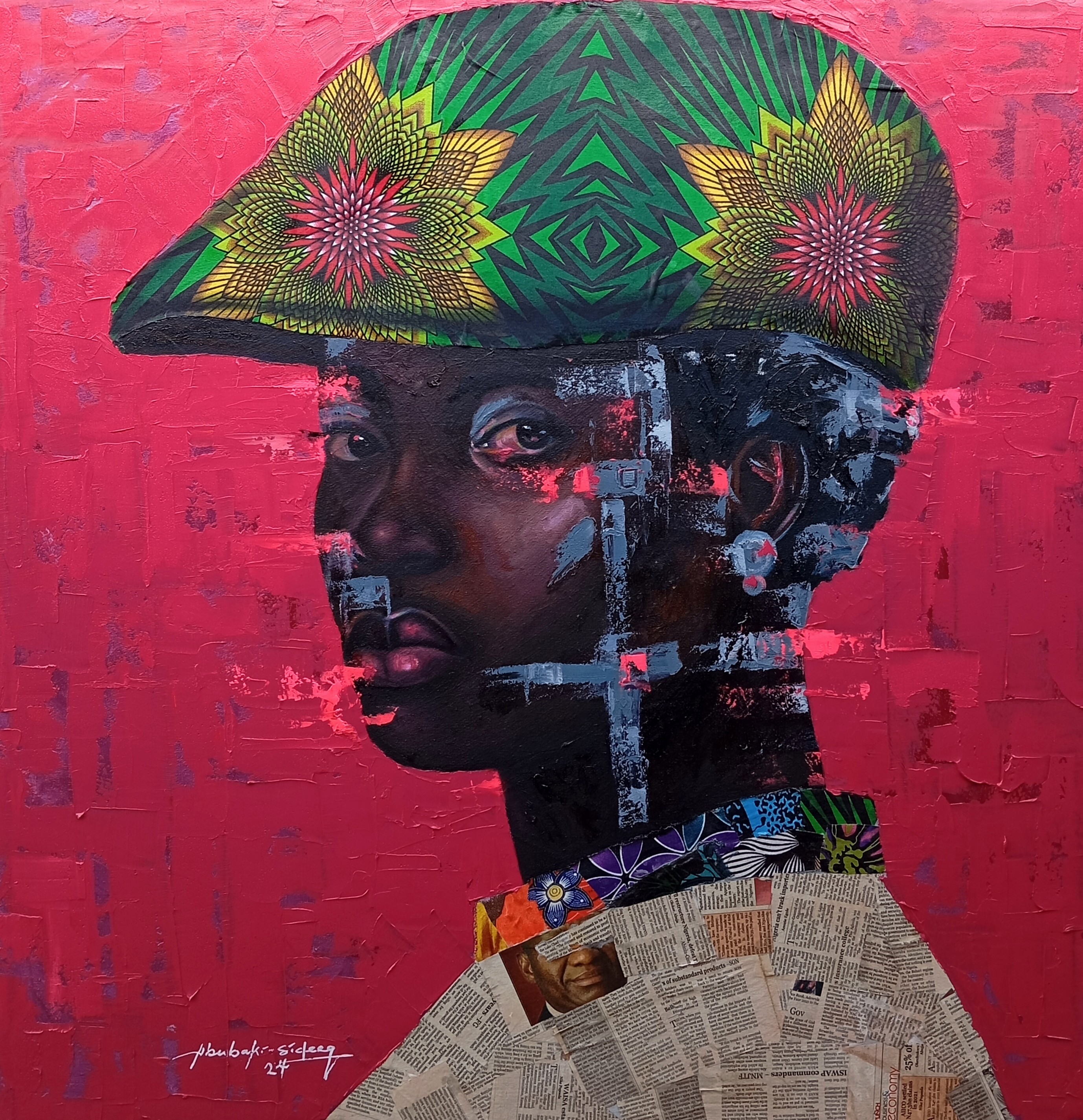 Bakare Abubakri-sideeq Babatunde, Eternal Poise - 21st Century Mixed Media with Oil and African Fabrics, Fashion Bakare Abubakri-sideeq Babatunde, Eternal Poise - 21st Century Mixed Media with Oil and African Fabrics, Fashion