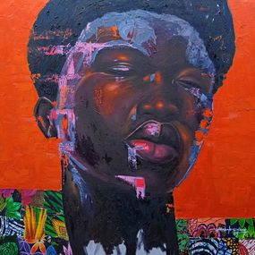 Painting, Moment of Self-Actualization - 21st Century Mixed Media with Oil, African Fabrics, Bakare Abubakri-sideeq Babatunde