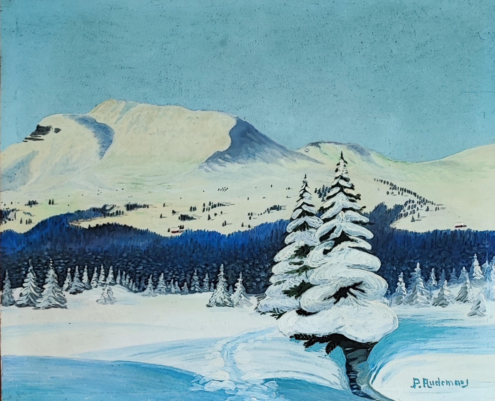 P. Audemars, Paysage de montagne et sapin enneigé P. Audemars, Paysage de montagne et sapin enneigé