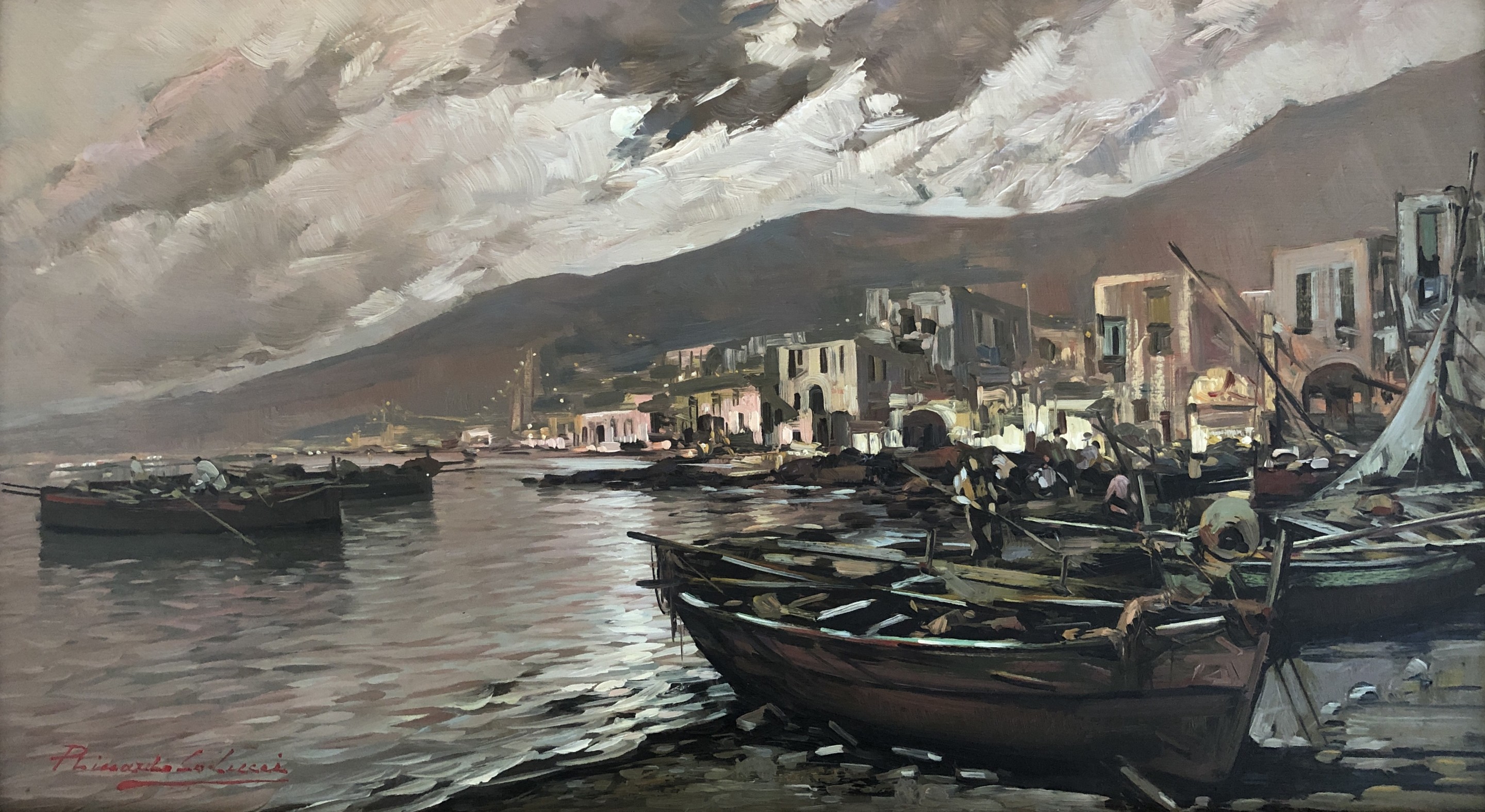 Riccardo Colucci, Barques de pêcheurs et pêcheurs au port au clair de lune Riccardo Colucci, Barques de pêcheurs et pêcheurs au port au clair de lune