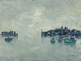 Painting, Barques de pêcheur dans le port, P. Loutan