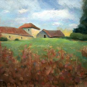Painting, Old Stone Farmhouse with outbuildings France, Gav Banns