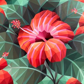 Painting, Orange hibiscus flower, Maria Tuzhilkina