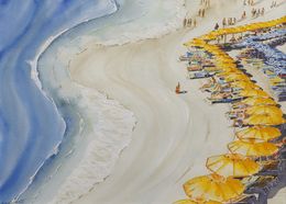 Peinture, Être en première ligne - scène de plage et ses parasols - série Paysage de bord de mer, Gabrielle
