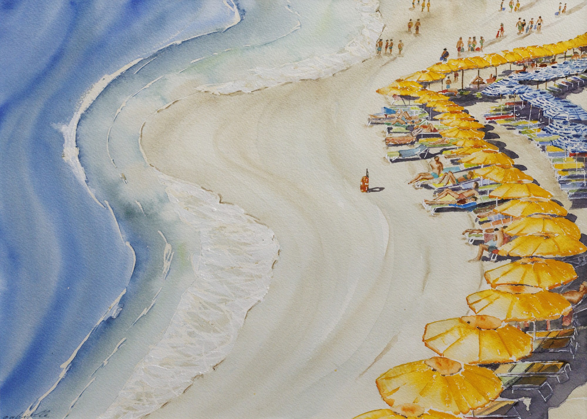 Gabrielle, Être en première ligne - scène de plage et ses parasols - série Paysage de bord de mer Gabrielle, Être en première ligne - scène de plage et ses parasols - série Paysage de bord de mer