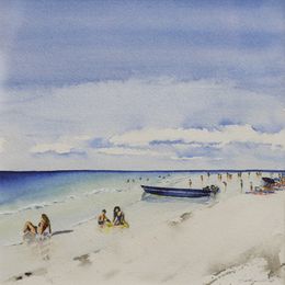 Gemälde, Petite barque bleue sur la plage - scène de vie de plage - série paysage marin, Gabrielle