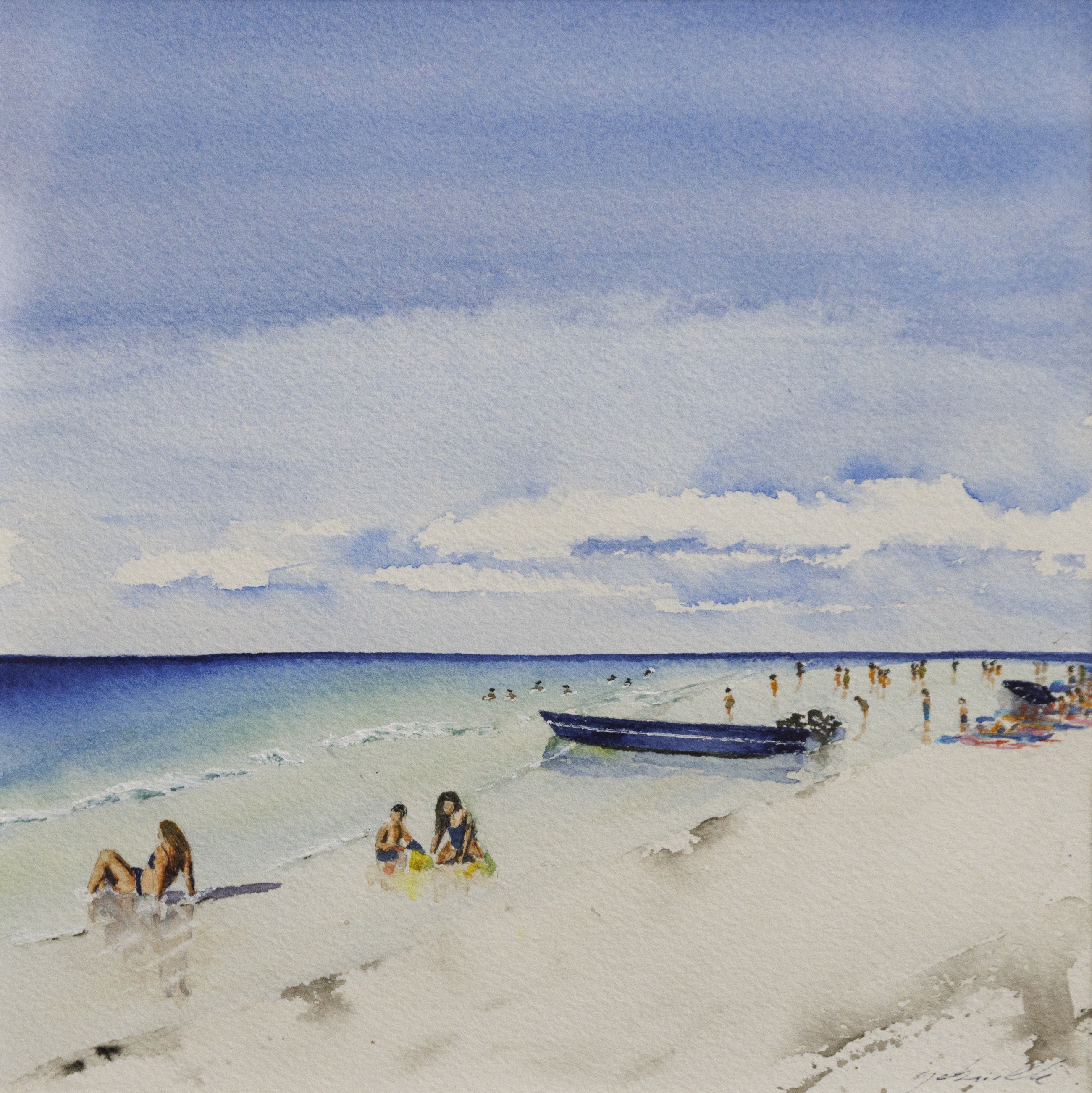 Gabrielle, Petite barque bleue sur la plage - scène de vie de plage - série paysage marin Gabrielle, Petite barque bleue sur la plage - scène de vie de plage - série paysage marin