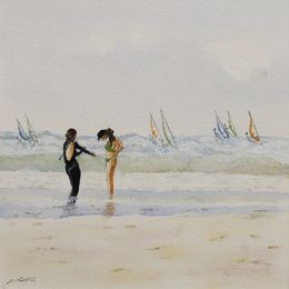 Gemälde, Les planchistes - scène de vie à la plage - série paysage marin, Gabrielle
