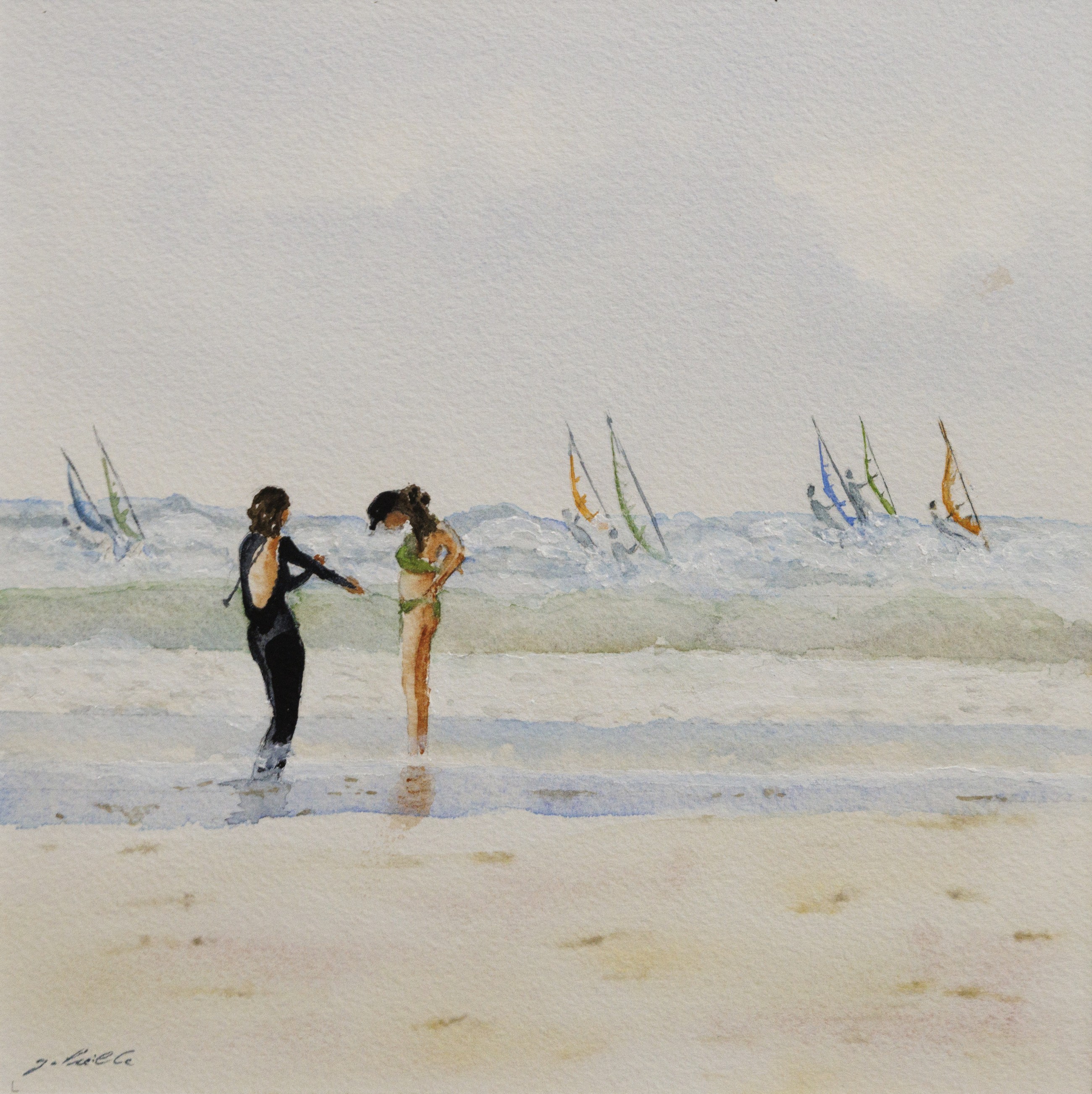 Gabrielle, Les planchistes - scène de vie à la plage - série paysage marin Gabrielle, Les planchistes - scène de vie à la plage - série paysage marin