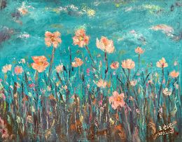Gemälde, Fleurs roses sous un ciel turquoise, ShuJie Wang