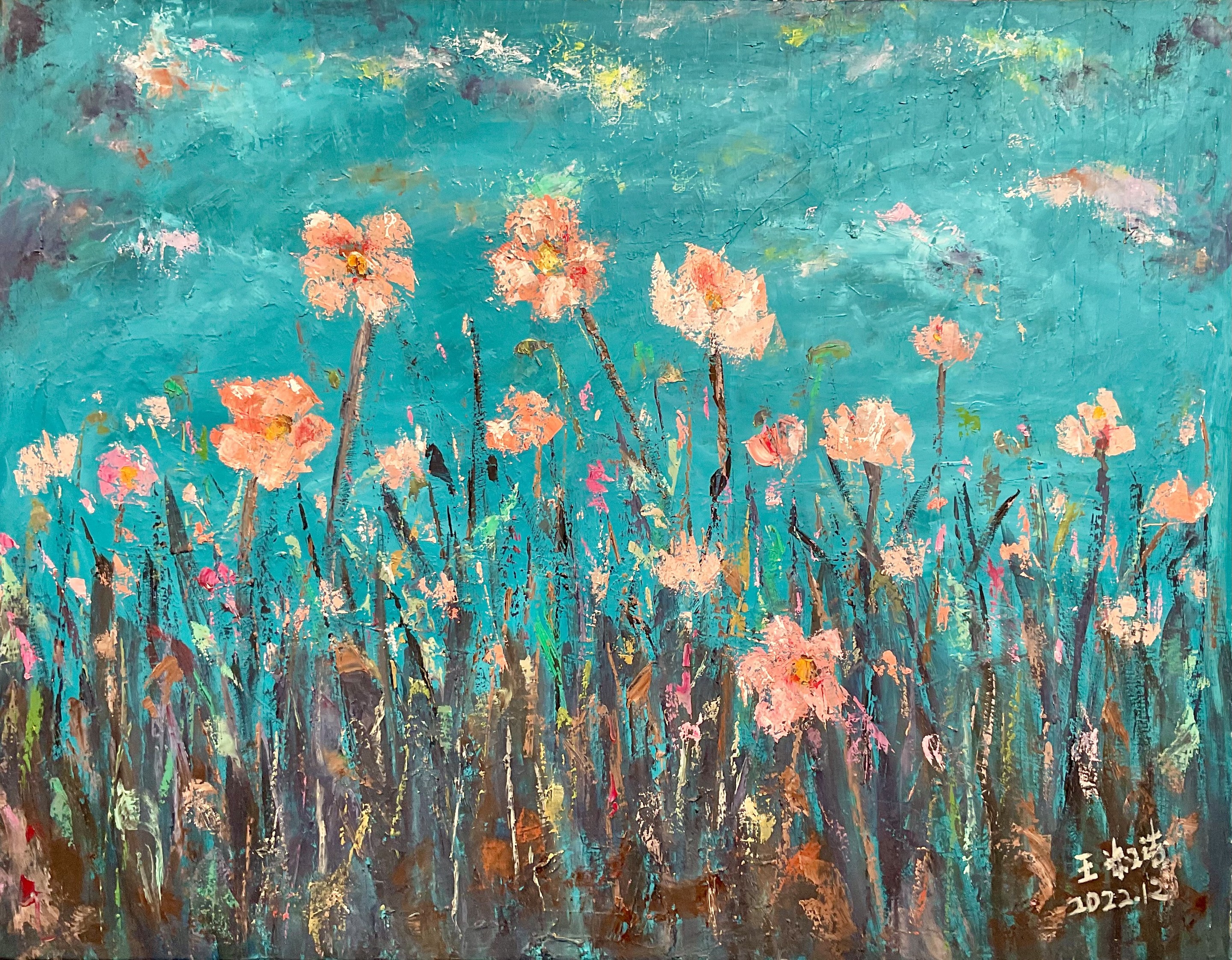 ShuJie Wang, Fleurs roses sous un ciel turquoise ShuJie Wang, Fleurs roses sous un ciel turquoise