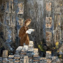 Gemälde, At night in the book shop, ShuJie Wang