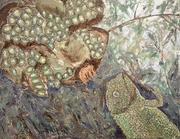 Gemälde, Caméléon sur fruits de lotus, ShuJie Wang