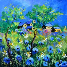 Gemälde, A few cottages in colourful meadow, Pol Ledent