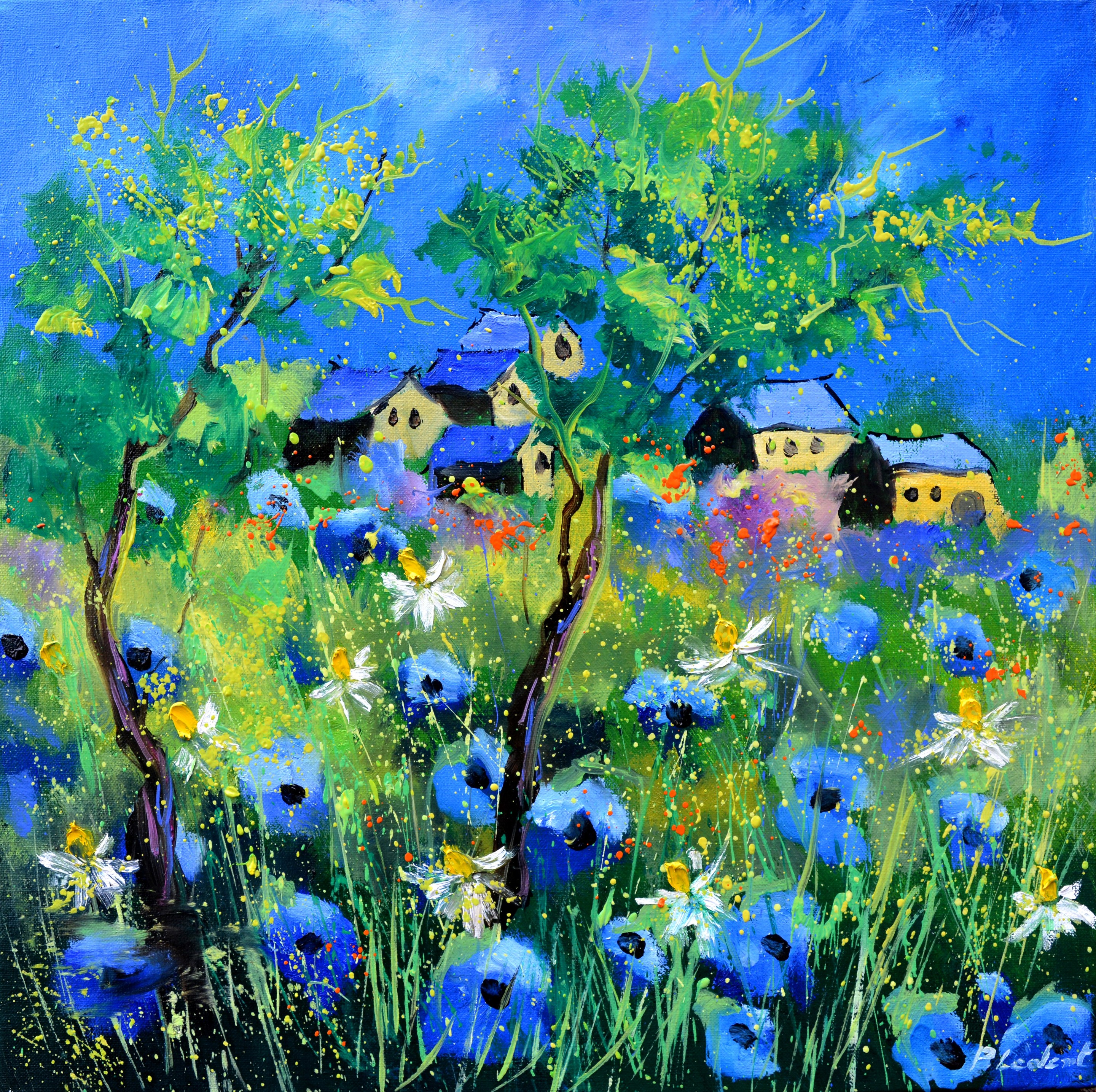 Pol Ledent, A few cottages in colourful meadow Pol Ledent, A few cottages in colourful meadow