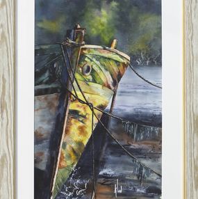 Gemälde, Au soleil couchant-3714 - Série bateaux échoués, Claude Vergnaud dit Klod