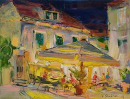 Gemälde, Evening cafe near the sea, Helen Shukina